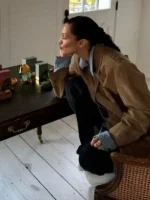 Bella Hadid Brown Suede Leather Jacket close up view showing suede texture and fine stitching detail