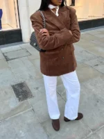 Bella Hadid Brown Suede Leather Jacket front view showing full silhouette and rich brown suede finish