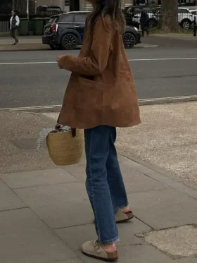 Bella Hadid Brown Suede Leather Jacket side view showing sleeve length and brown suede profile