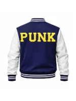 Back view of the iconic CM Punk Navy and White Varsity Jacket.
