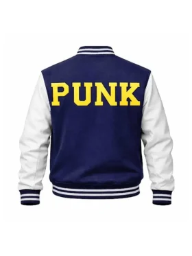 Back view of the iconic CM Punk Navy and White Varsity Jacket.