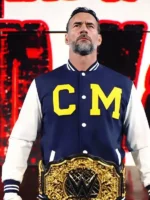 Close-up of the fabric on the CM Punk Navy and White Varsity Jacket.