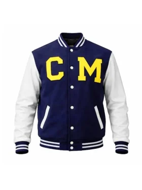 Front view of the classic CM Punk Navy and White Varsity Jacket.