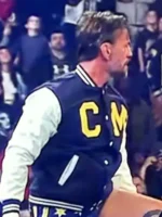 Side profile of the CM Punk Navy and White Varsity Jacket.