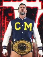 Stylish lifestyle look of the CM Punk Navy and White Varsity Jacket.