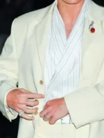 A macro shot of the fine textile grain and detailed needlework on the Connor Storrie Blue Book Gala Blazer.