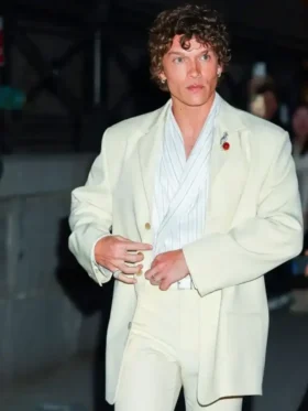 The front profile of the Connor Storrie Blue Book Gala Blazer highlighting the sleek lapels and professional finish.