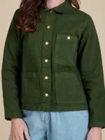 Front side of the Unisex Denim Work Jacket in Evergreen with a deep forest tone.