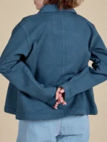 Back view of the French Blue Unisex Denim Work Jacket showing the tailored shoulder lines.