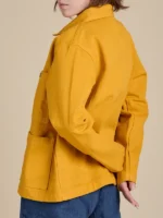 Back view of the Mustard Yellow Unisex Denim Work Jacket illustrating the clean fit.