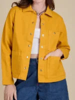 Vibrant front view of the Unisex Denim Work Jacket in Mustard Yellow with utility pockets.