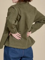 Rear profile of the Unisex Denim Work Jacket in Surplus Green showing the reinforced stitching.