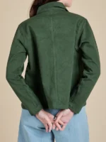 Back view of the Unisex Denim Work Jacket in Swamp Green highlighting the seam details.