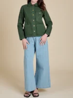 The front side of the Unisex Denim Work Jacket in Swamp Green with a rugged workwear style.