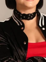 A focused look at the ribbed collar and neckline detailing of the Euphoria S03 Kat Hernandez Varsity Jacket.