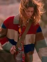 The front profile of the Euphoria S03 Zendaya Coleman Colorblock Jacket featuring a high-quality zipper and structured collar.