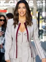 Macro shot of the Eva Longoria NYC 2026 Peplum Blazer textile.