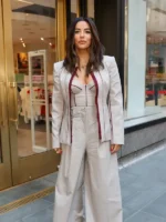 Direct front look at the Eva Longoria NYC 2026 Peplum Blazer.