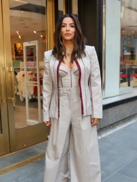 Direct front look at the Eva Longoria NYC 2026 Peplum Blazer.