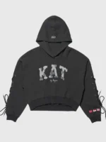 The front profile of the Gap x Katseye Megan Hoodie showcasing the tidy kangaroo pocket and ribbed hem.