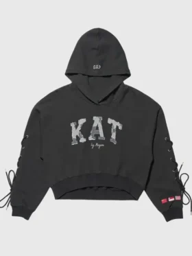 The front profile of the Gap x Katseye Megan Hoodie showcasing the tidy kangaroo pocket and ribbed hem.