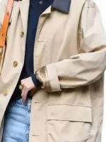 Gigi Hadid NYC 2026 Trench Coat close up view showing fabric texture and fine construction detail