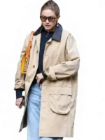 Gigi Hadid NYC 2026 Trench Coat front view showing full silhouette and clean trench colorway