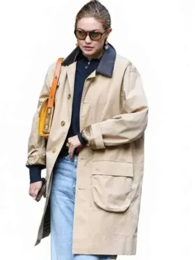 Gigi Hadid NYC 2026 Trench Coat front view showing full silhouette and clean trench colorway