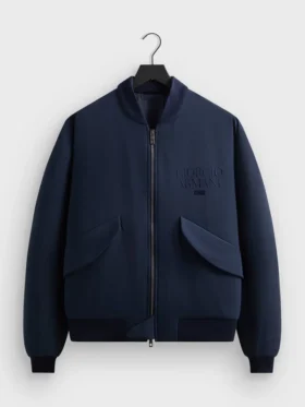 Lifestyle perspective of the Giorgio Armani Kith New York Knicks Bomber Jacket.