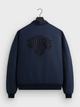 Rear lifestyle angle of the Giorgio Armani Kith New York Knicks Bomber Jacket.