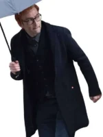 The front profile of the Good Omens S03 Crowley Blue Wool Coat featuring structured lapels and a clean button-up design.