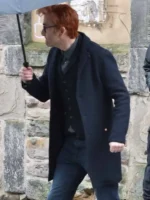 David Tennant Good Omens S03 Crowley Blue Wool Coat with lapel collar, buttoned closure and full-length silhouette