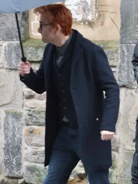 David Tennant Good Omens S03 Crowley Blue Wool Coat with lapel collar, buttoned closure and full-length silhouette