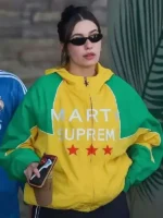 Hailey Bieber Marty Supreme Jacket close-up view showing texture, stitching, and fine detail