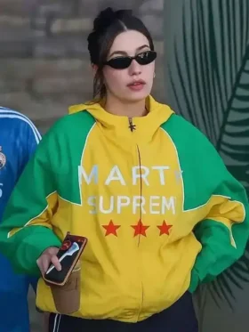 Hailey Bieber Marty Supreme Jacket close-up view showing texture, stitching, and fine detail