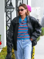 Hailey Bieber Oversized Leather Jacket close-up view showing leather texture and stitching details