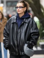 Hailey Bieber Oversized Leather Jacket front view showing clean design, sharp fit, and front detail