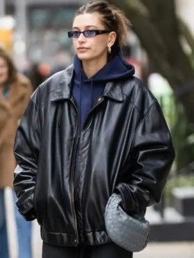 Hailey Bieber Oversized Leather Jacket front view showing clean design, sharp fit, and front detail