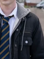 Half Man Mitchell Robertson Black Jacket close-up view showing texture, stitching, and fine design details