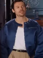 Functional view of the Harry Styles SNL S51 Blue Satin Jacket fastening.