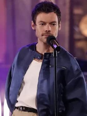 Direct front view of the Harry Styles SNL S51 Blue Satin Jacket.