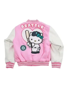Back view of the iconic Hello Kitty Pink Varsity Jacket.
