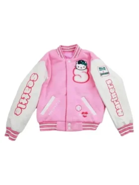 Front view of the classic Hello Kitty Pink Varsity Jacket.