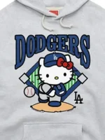 Detailed look at the Hello Kitty x Los Angeles Dodgers Hoodie graphics.