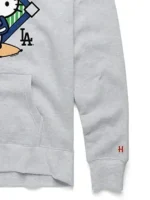Side profile showing the Hello Kitty x Los Angeles Dodgers Hoodie sleeves.