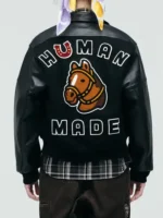 Detailed back design of the Human Made Black Stadium Varsity Jacket.