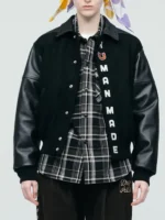 Close-up of the fabric on the Human Made Black Stadium Varsity Jacket.