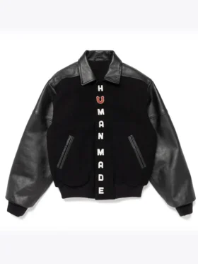 Front view of the classic Human Made Black Stadium Varsity Jacket.