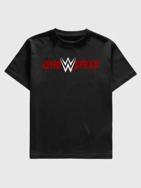 Direct front profile of the IShowSpeed x WrestleMania Black T-Shirt.