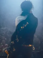 A stylish rear perspective of the Jaafar Jackson Michael Black Belted Leather Jacket emphasizing its tailored build.